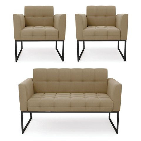 Kit 1 Sofá Namoradeira e 2 Poltronas Suede Base Metálica Industrial Preto - D'Rossi Cor Marrom