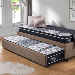 Bicama Box Solteiro Linho Marrom 88x188 com Dois Colchões Gransleep Verticoil Ecoflex