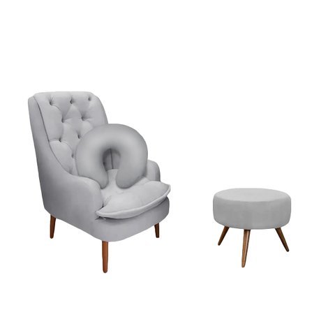 Kit Amamentação Poltrona, Puff e Almofada Suede Cinza Dominic Decor Lille