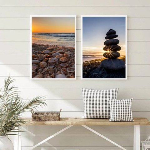 Kit 2 Quadros Decorativos Praia Pedras e Conchas 33x24cm:madeira Branca