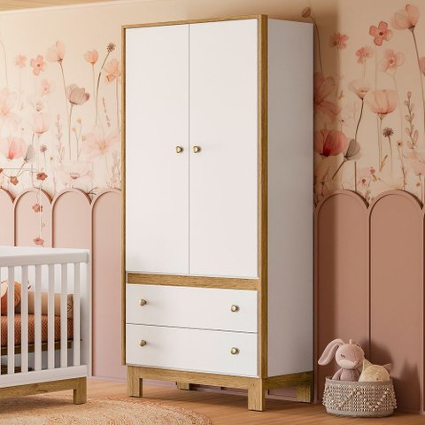 Guarda Roupa Roupeiro Infantil 2 Portas e 2 Gavetas Flora 5055 Branco Acetinado Qmovi