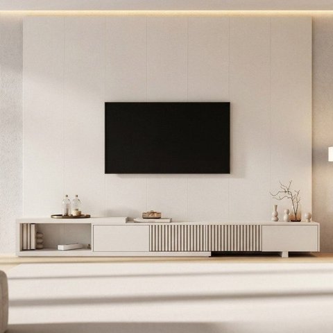 Rack Extensível Ripado com Painel TV 86 Polegadas Planejado 320x230cm Aruá CabeCasa MadeiraOriginals Off White