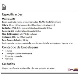 Lustre Pendente de Cristal Acrílico Alto Brilho 45x80 AC25 - 5 Lustre Pendente de Cristal Acrílico Alto Brilho 45x80 AC25 - 5