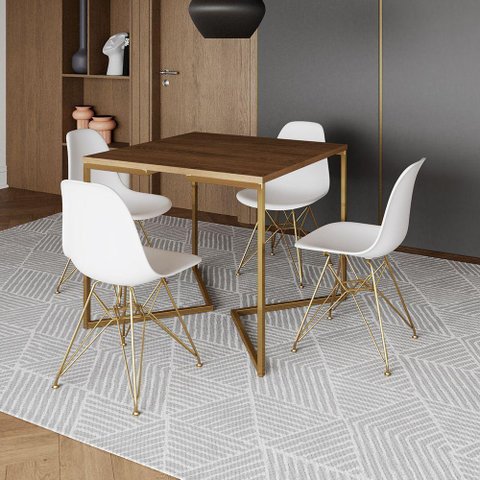 Mesa Jantar Industrial Quadrada 90cm Amêndoa Base V com 4 Cadeiras Eames Eiffel Brancas Base