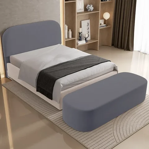 Cabeceira Cama Box Casal 140cm Lanna com Puff Recamier Doha W01 Suede Cinza - Lyam Decor