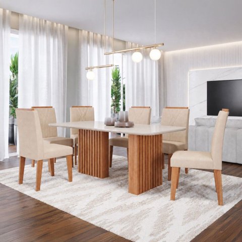 Sala de Jantar 6 Lugares Tampo de Vidro 210 cm Giulia Cinamomo/Nude - Panorama Móveis