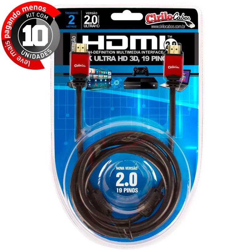 Kit 10 Cabos Hdmi Versão 2.0, 19 Pinos, 4k, Ultra Hd, 3d - 2 Metros - 1