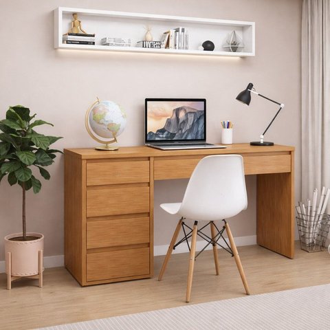 Conjunto Escritório 2 Peças Escrivaninha Mesa Berlim e Cadeira Eames Base de Madeira Yescasa Marrom/Marrome/Branco