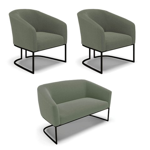 Sofá Namoradeira e 2 Poltronas Industrial Pto Stella Bouclê Menta D03 - D'Rossi