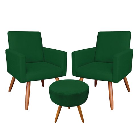 Kit 2 Poltronas e Puff Banqueta Redonda Nina Veludo Pés Palito Castanho - Pallazio - Verde