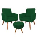 Ver imagem 1 de Kit 2 Poltronas e Puff Banqueta Redonda Nina Veludo Pés Palito Castanho - Pallazio - Verde