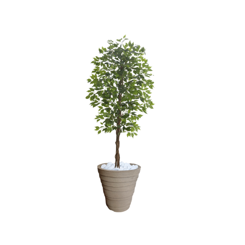 Planta Artificial Ficus Verde 2,10m kit + Vaso Redondo D. Grafiato Bege 40cm