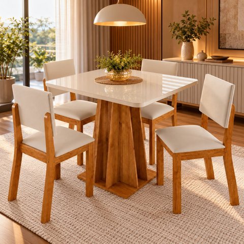 Conjunto Sala de Jantar 4 Lugares Quadrada Tampo de Vidro/MDF Flash Cobre/Off White/Bege - Casa Giul