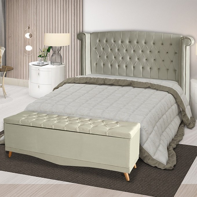 Kit de Quarto Cabeceira de Cama Box e Calçadeira Baú Toquio Casal 140 Cm Suede Porcelana Ec Móveis - 2