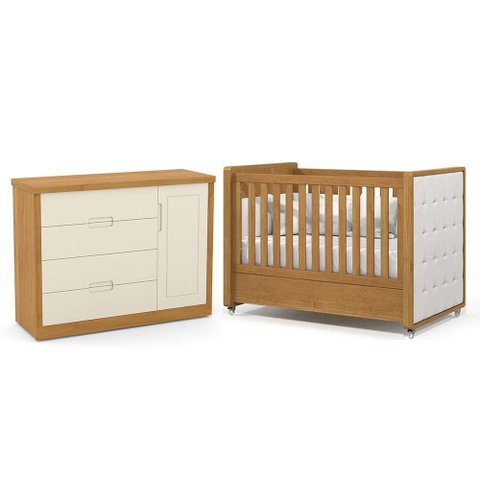 Jogo de Quarto Infantil Tutto New Cômoda 1 Porta e Berço Freijó/off White com Capitonê - Matic M
