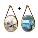 Ver imagem 1 de Kit 2 Espelhos Redondo Decorativo Suspenso Alça 40cm + Suporte Dourado Alça Caramelo