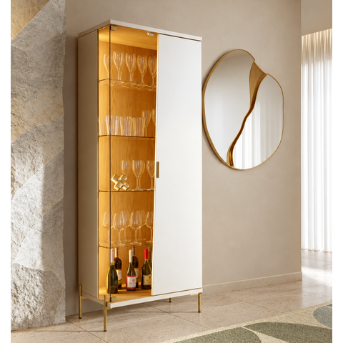Cristaleira 180cm LED com Porta e Prateleiras de Vidro e Pés em Metal Sena Branco/Off White Matte/Freijó