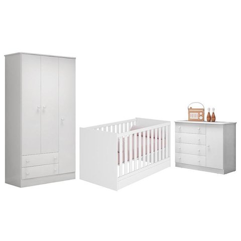 Dormitório Infantil Doce Sonho 3 Portas, Cômoda 1 Porta e Berço Mini Cama Branco - Qmovi