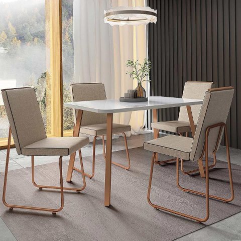 Conjunto Mesa de Jantar C/ Vidro + 4 Cadeiras Estofadas Wo Cor:off White com Rosê Cobre