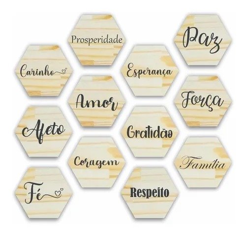 Decoração para Parede Quadros - Kit com 12 Quadrinhos de Madeira Pinus Hexágono Lettering - 1