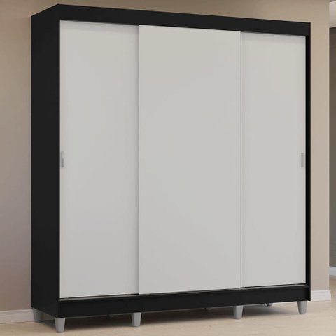 Guarda-roupa Casal com Pés 3 Portas de Correr Preto Branco Reno Madesa