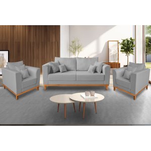Kit Sofá 3 Lugares e 2 Poltronas Beny - Linho Cinza