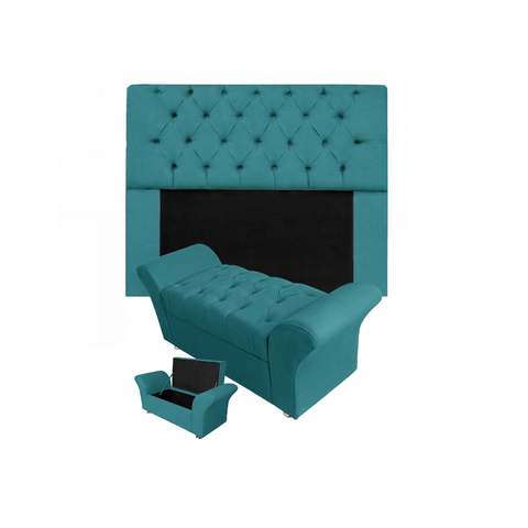 Kit Cabeceira Mirage e Calçadeira Baú Veneza Casal 140 cm Suede Azul Turquesa