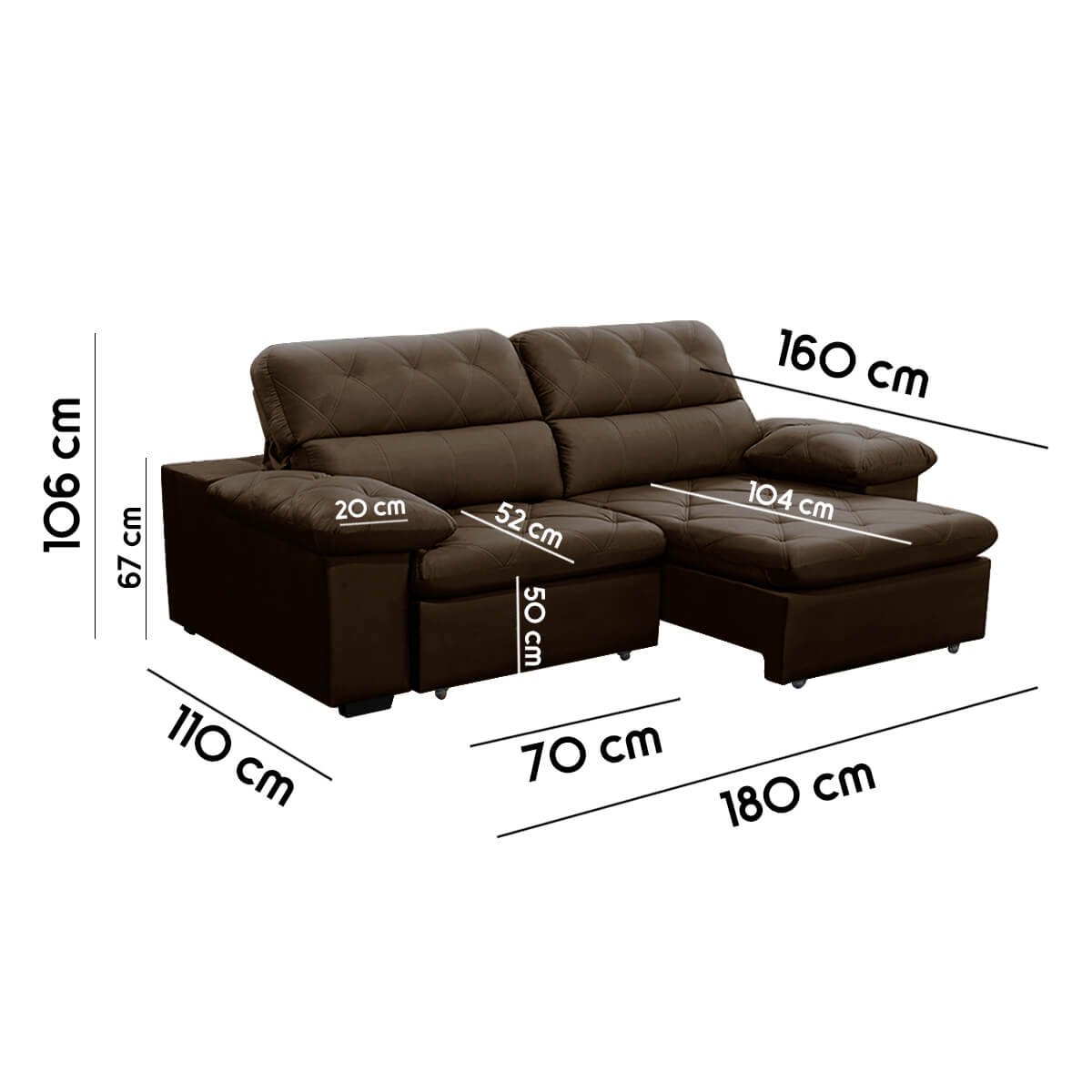 Sofa Retratil Reclinavel 2 Lugares 1,80m Crystal Veludo Marrom Lansofbr Lansof Brasil - 6