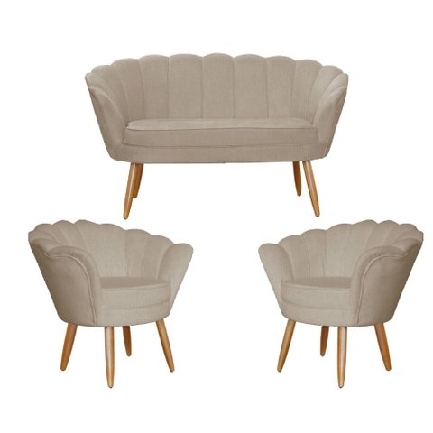 Kit Namoradeira e 2 Poltronas Pétala Decorativa Veludo Cappuccino - Montanaris Decor