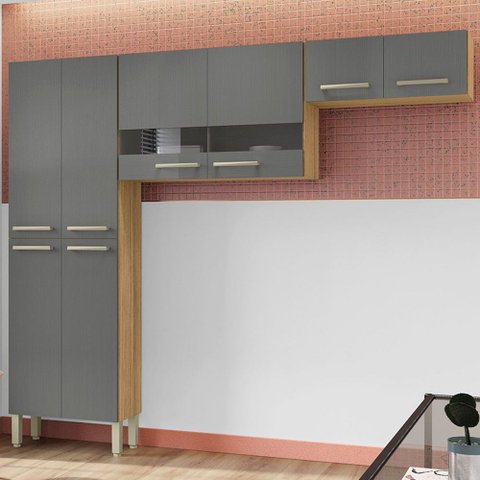 Armário de Cozinha Aurora 8 Portas com Vidro Freijó/griss - Pnr Móveis