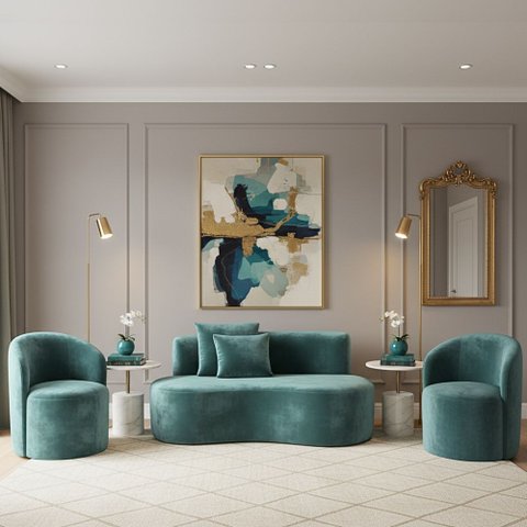 Conjunto Decorativo 02 Poltronas + Sofá Curvo Orgânico Nature Gaia Veludo Azul Turquesa - Montanaris