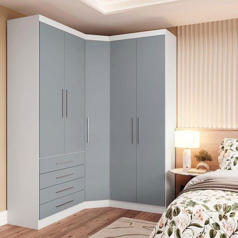 Guarda Roupa de Canto Alpes 5 Portas de Bater 4 Gavetas MDP Branco Pf-Grey Sky Pf Luciane Móveis