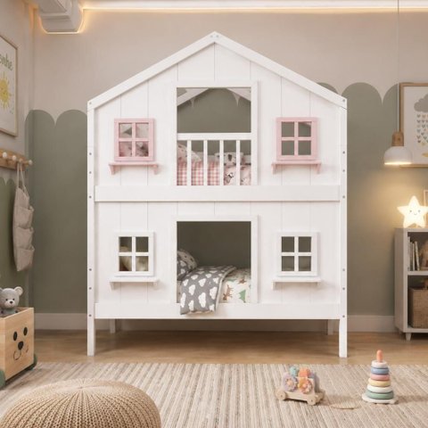 Beliche Infantil Solteiro Casinha Dos Sonhos Madeira Maciça Branco Rosa Housin