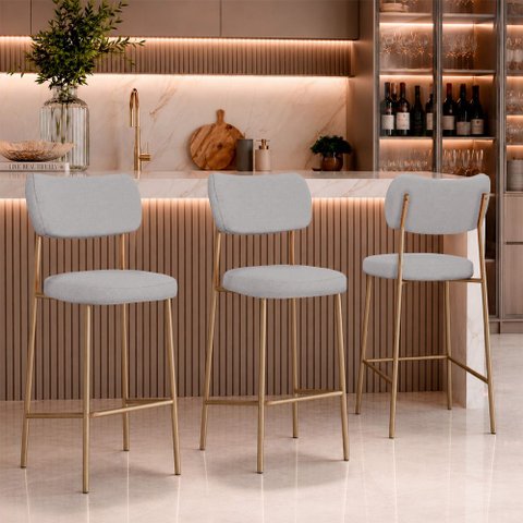Kit 3 Banquetas Baixa Sala de Jantar Lisa Pés Champanhe Linho Cinza m² - Monari Design