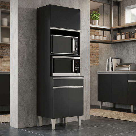 Armário Torre Quente Maia P/ Cozinha Modulada Forno Microondas 60cm Moderno Compacto 3 Portas 1 Gave