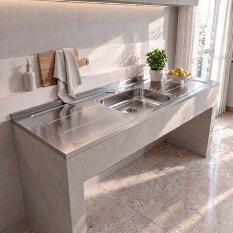 Pia de Cozinha com Cuba e Válvula Bali 200cm Aço Inox - Ghel Plus
