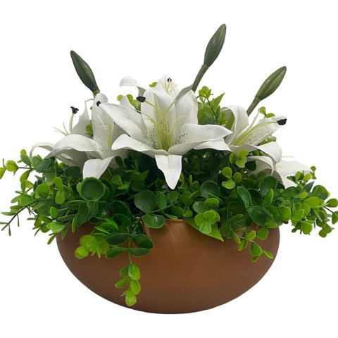 Arranjo Grande Centro Mesa Lírio Bran Artificial Vaso Terracota Broze Decore Fácil Shop