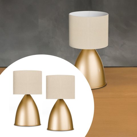 Kit 2 Luminaria de Mesa Abajur Bojudo Dourado de Alumínio com Cúpula Tecido Algodão