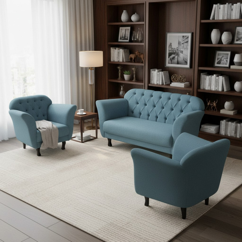 Kit Namoradeira + 2 Poltronas Decorativa Dália Linho Azul Pés Madeira