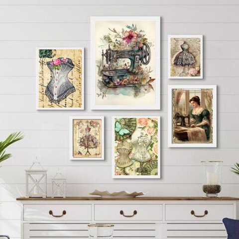 Composição 6 Quadros Decorativos para Atelier de Costura:madeira Preta