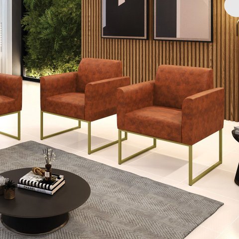 Poltrona Sala Decorativa Kit 2 Marisa Industrial Dourado Sintético Pu D03 - D’Rossi