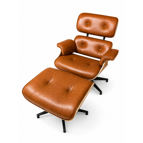 Poltrona Charles Eames com Puff - Couro Tijolo I Freijó