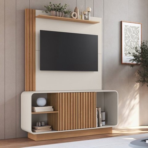 Rack com Painel Ripado para TV até 55 Polegadas 149cmx187,5cm Conjunto Alabama Texas Marrom Freijó/Off White