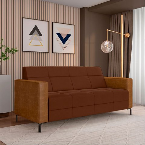 Sofá Living Decorativo Houston 2 Lugares 200cm Pés em Metal Veludo/ Pu Marrom Vermelho/ Caramelo G33