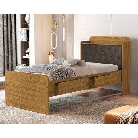 Cama de Solteiro Tamires com Gavetas e Bau Design Moderno Mdf com Capitonê Classico:nature Nogal