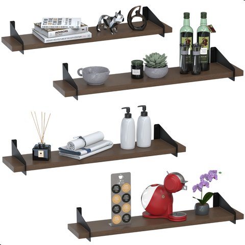 4 Prateleiras de Madeira Estilo Industrial Suspensa Max50pm