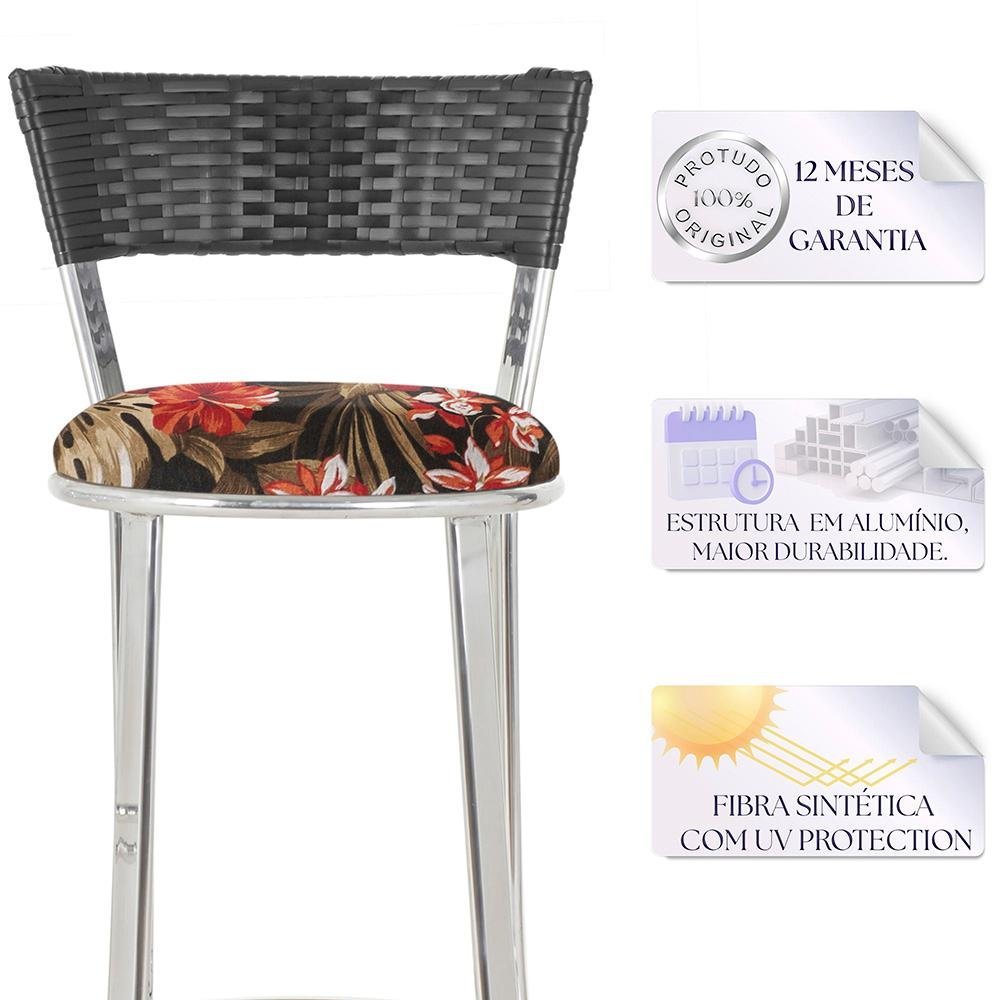 Jogo de Mesa Bistrô com Tampo de Vidro Redondo 4 Banquetas em Alumínio e Fibra Sintética Preta - 3