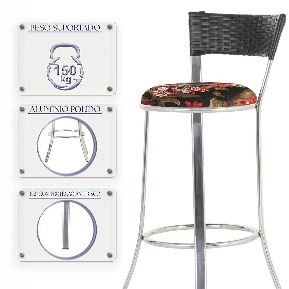 Jogo de Mesa Bistrô com Tampo de Vidro Redondo 4 Banquetas em Alumínio e Fibra Sintética Preta - 4