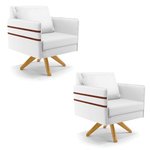 Kit 02 Poltronas Giratória Mari Corino Branco Base de Madeira MA30 - D’Rossi