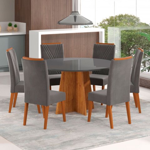 Mesa de Jantar 6 Lugares Calm com Vidro Mel/grafite - Viero Móveis